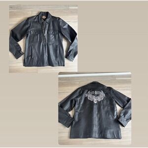 Harley-Davidson Mens Sz S Leather Lined 1/2 Zip Jacket Pullover Winged Engine‎